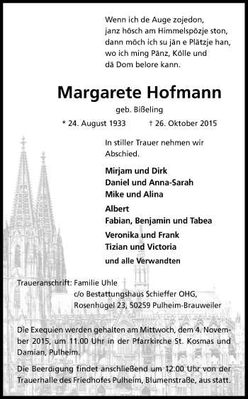 Anzeige von Margarete Hofmann von Kölner Stadt-Anzeiger / Kölnische Rundschau / Express