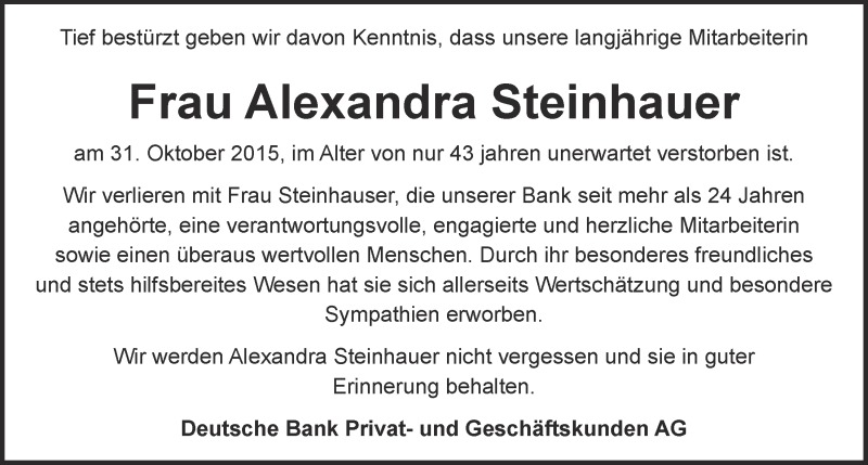  Traueranzeige für Alexandra Steinhauer vom 11.11.2015 aus  Schlossbote/Werbekurier 