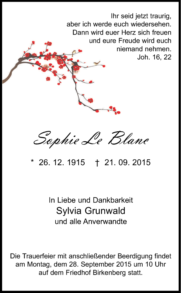  Traueranzeige für Sophie Le Blanc vom 24.09.2015 aus Kölner Stadt-Anzeiger / Kölnische Rundschau / Express