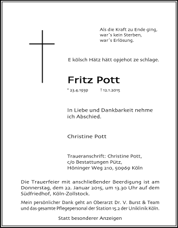 Anzeige von Fritz Pott von Kölner Stadt-Anzeiger / Kölnische Rundschau / Express