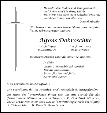 Anzeige von Alfons Dobroschke von Kölner Stadt-Anzeiger / Kölnische Rundschau / Express