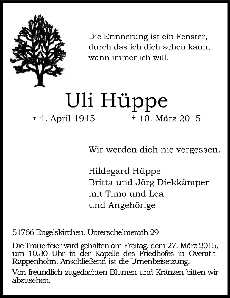  Traueranzeige für Uli Hüppe vom 14.03.2015 aus Kölner Stadt-Anzeiger / Kölnische Rundschau / Express