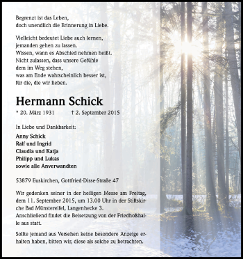 Anzeige von Hermann Schick von Kölner Stadt-Anzeiger / Kölnische Rundschau / Express
