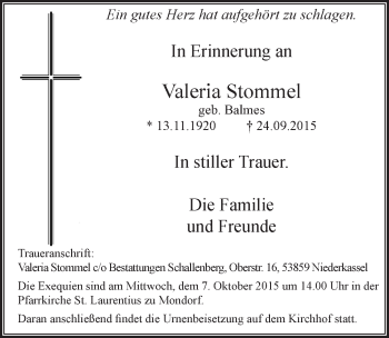 Anzeige von Valeria Stommel von  Extra Blatt 