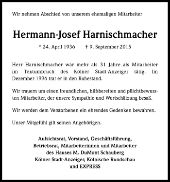 Anzeige von Hermann-Josef Harnischmacher von Kölner Stadt-Anzeiger / Kölnische Rundschau / Express