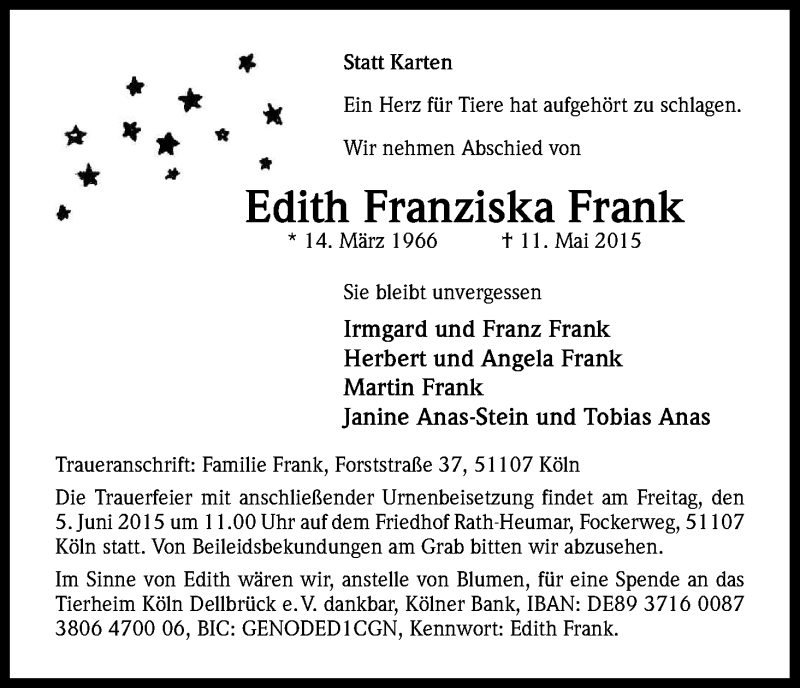  Traueranzeige für Edith Franziska Frank vom 30.05.2015 aus Kölner Stadt-Anzeiger / Kölnische Rundschau / Express