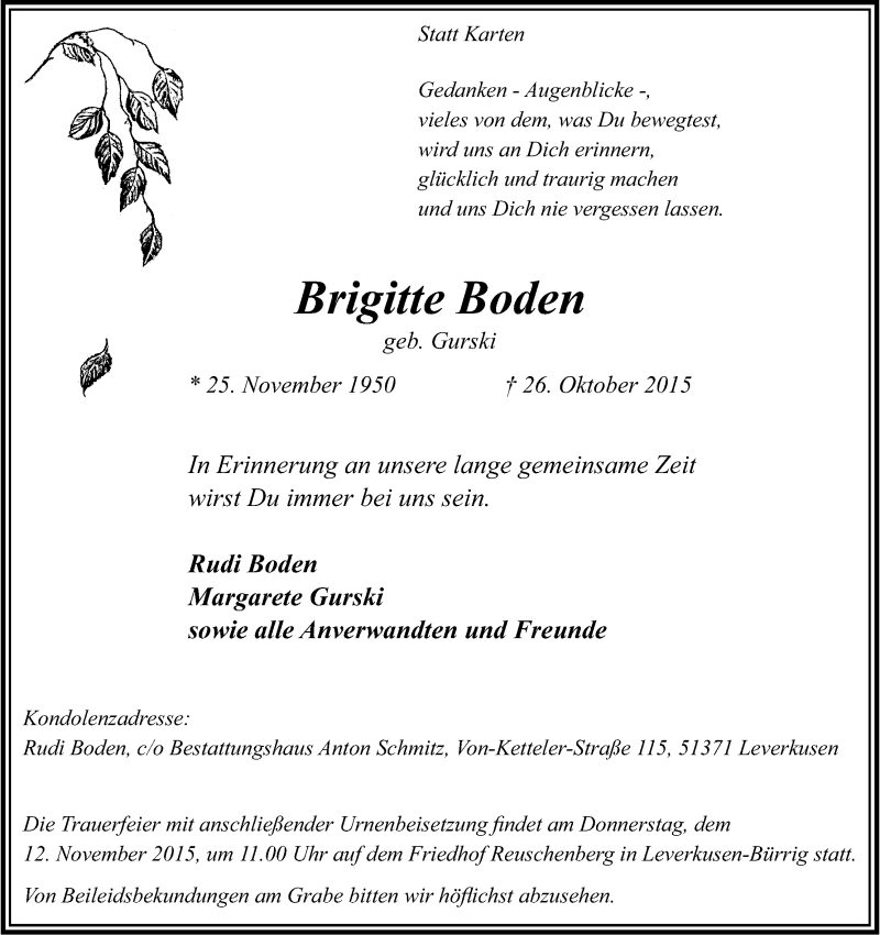 Traueranzeige für Brigitte Boden vom 07.11.2015 aus Kölner Stadt-Anzeiger / Kölnische Rundschau / Express