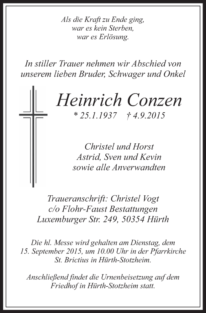 Traueranzeige für Heinrich Conzen vom 09.09.2015 aus  Wochenende 