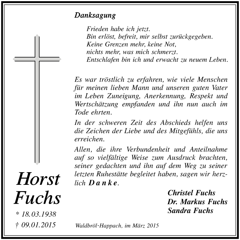  Traueranzeige für Horst Fuchs vom 18.03.2015 aus  Lokalanzeiger 