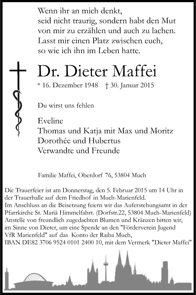  Traueranzeige für Dieter Maffei vom 03.02.2015 aus Kölner Stadt-Anzeiger / Kölnische Rundschau / Express