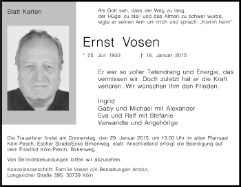 Anzeige von Ernst Vosen von Kölner Stadt-Anzeiger / Kölnische Rundschau / Express