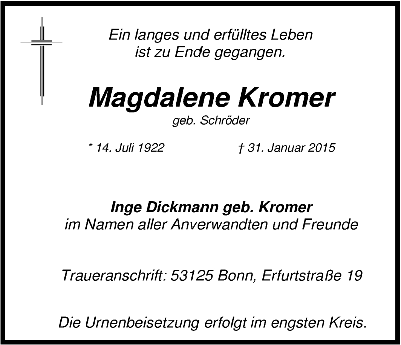  Traueranzeige für Magdalene Kromer vom 07.02.2015 aus Kölner Stadt-Anzeiger / Kölnische Rundschau / Express