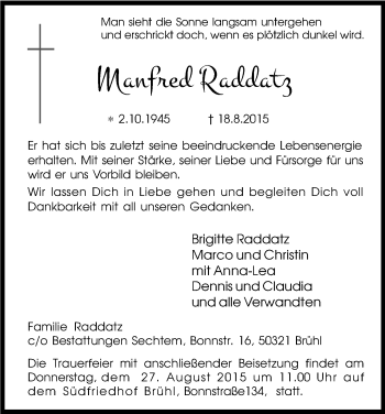 Anzeige von Manfred Raddatz von Kölner Stadt-Anzeiger / Kölnische Rundschau / Express