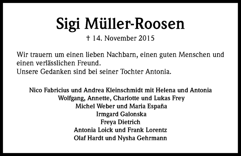  Traueranzeige für Siegfried Müller-Roosen vom 21.11.2015 aus Kölner Stadt-Anzeiger / Kölnische Rundschau / Express