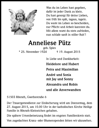 Anzeige von Anneliese Pütz von Kölner Stadt-Anzeiger / Kölnische Rundschau / Express