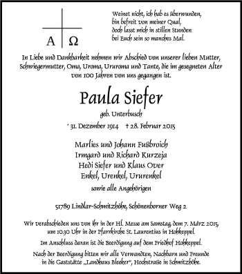Anzeige von Paula Siefer von Kölner Stadt-Anzeiger / Kölnische Rundschau / Express