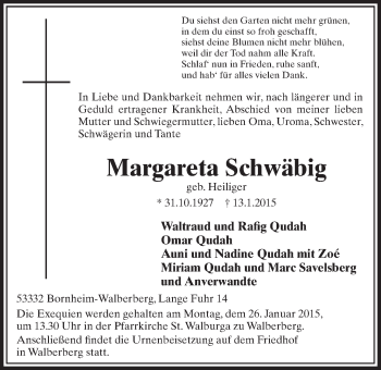 Anzeige von Margareta Schwäbig von  Schlossbote/Werbekurier 