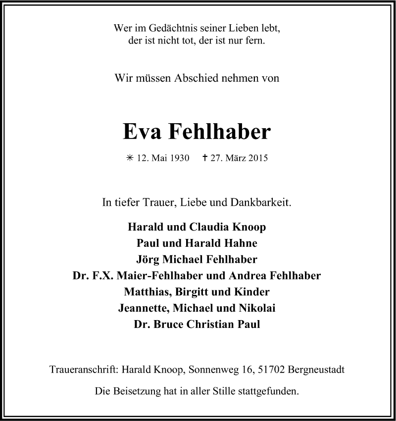  Traueranzeige für Eva Fehlhaber vom 04.04.2015 aus Kölner Stadt-Anzeiger / Kölnische Rundschau / Express