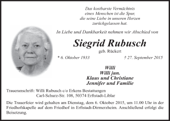 Anzeige von Siegrid Rubusch von  Sonntags-Post 