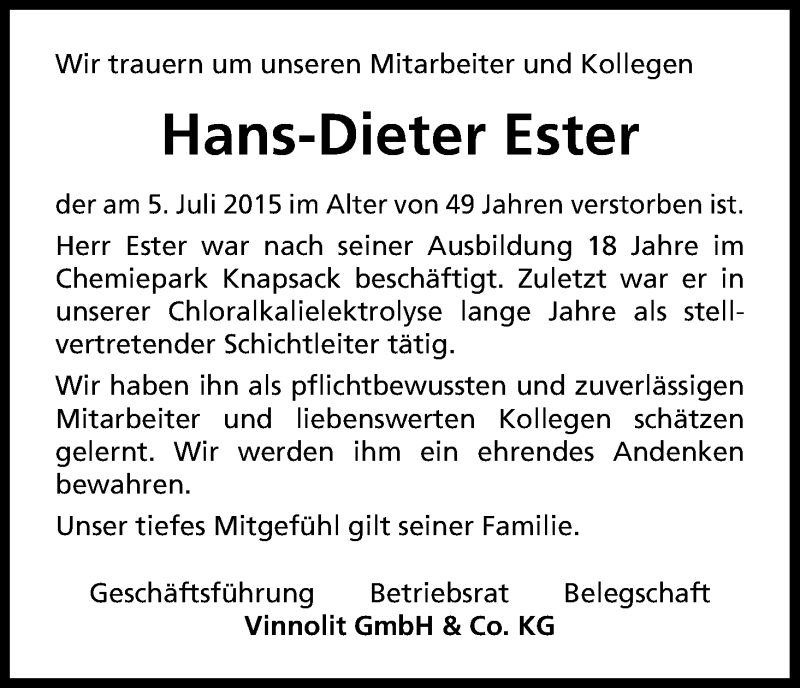  Traueranzeige für Hans-Dieter Ester vom 11.07.2015 aus Kölner Stadt-Anzeiger / Kölnische Rundschau / Express