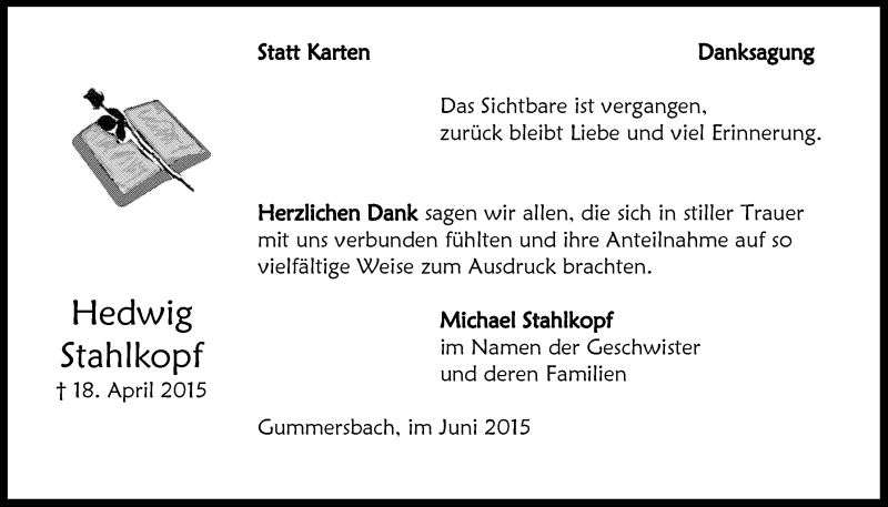  Traueranzeige für Hedwig Stahlkopf vom 24.06.2015 aus  Anzeigen Echo 