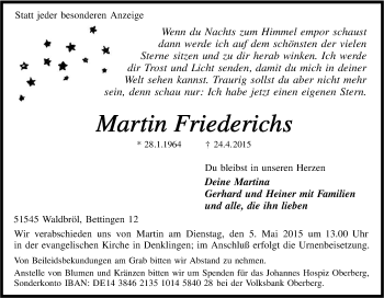 Anzeige von Martin Friederichs von Kölner Stadt-Anzeiger / Kölnische Rundschau / Express