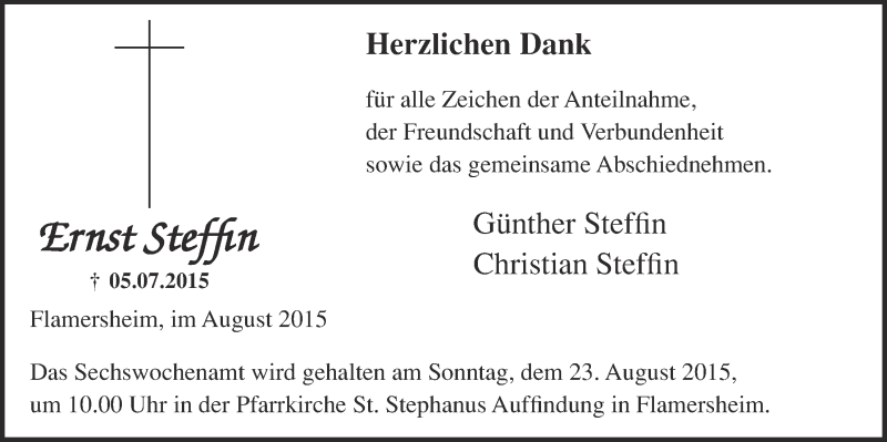  Traueranzeige für Ernst Steffin vom 16.08.2015 aus  Blickpunkt Euskirchen 
