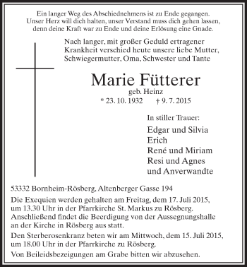 Anzeige von Marie Fütterer von  Schlossbote/Werbekurier 
