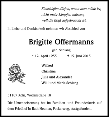 Anzeige von Brigitte Offermanns von Kölner Stadt-Anzeiger / Kölnische Rundschau / Express