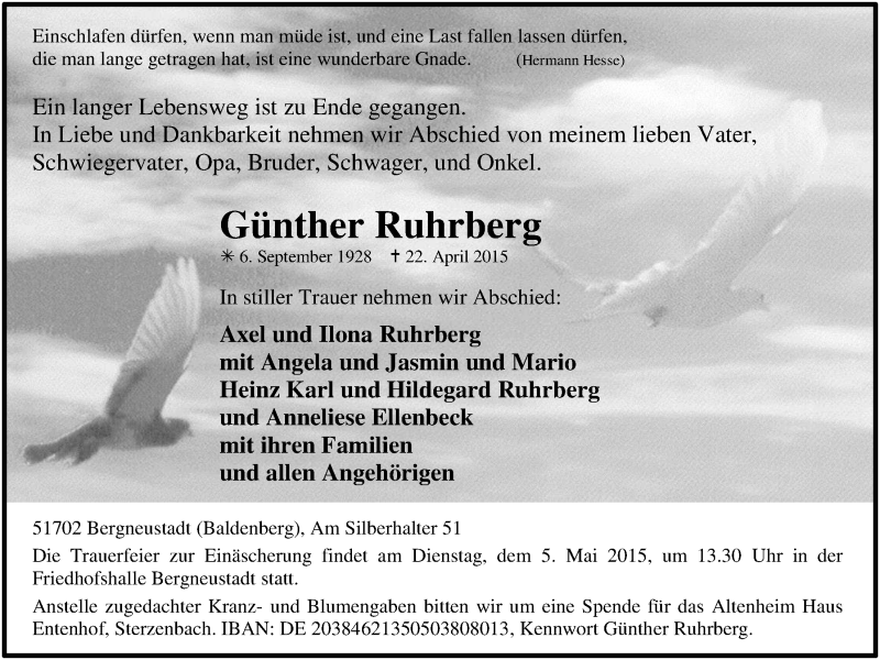  Traueranzeige für Günther Ruhrberg vom 29.04.2015 aus  Anzeigen Echo 