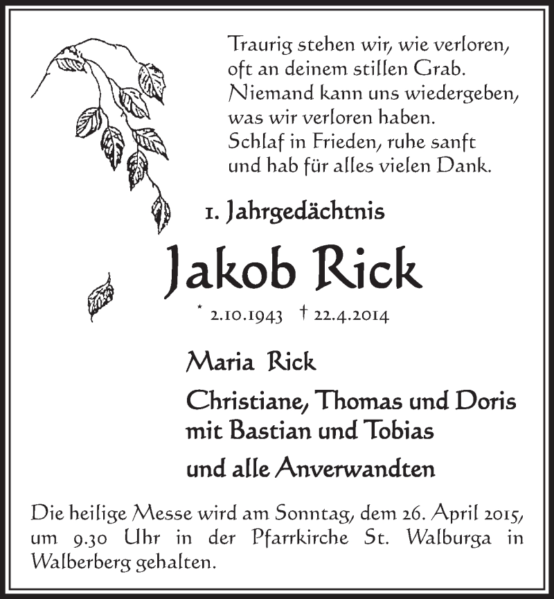 Traueranzeige für Jakob Rick vom 22.04.2015 aus  Schlossbote/Werbekurier 
