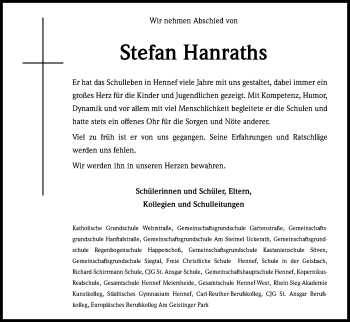 Anzeige von Stefan Hanraths von Kölner Stadt-Anzeiger / Kölnische Rundschau / Express