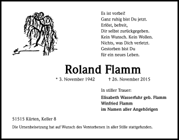 Anzeige von Roland Flamm von Kölner Stadt-Anzeiger / Kölnische Rundschau / Express