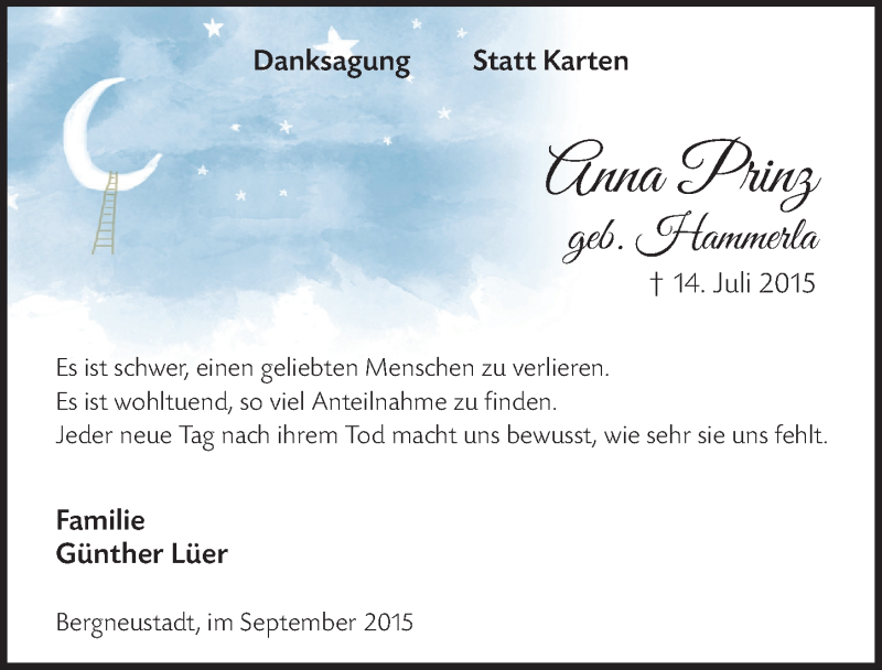  Traueranzeige für Anna Prinz vom 02.09.2015 aus  Anzeigen Echo 