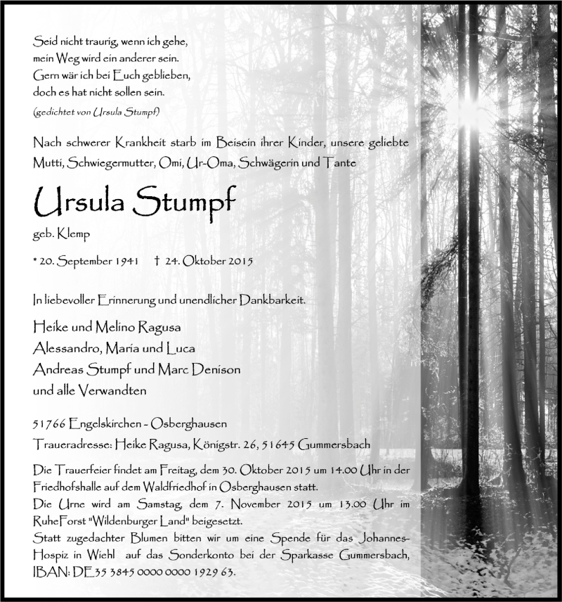  Traueranzeige für Ursula Stumpf vom 28.10.2015 aus  Anzeigen Echo 