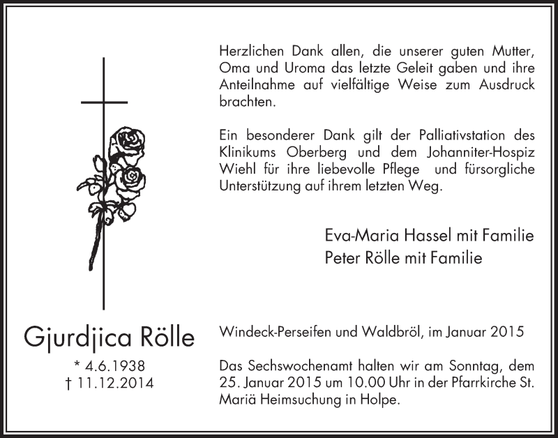  Traueranzeige für Gjurdjica Rölle vom 21.01.2015 aus  Lokalanzeiger 