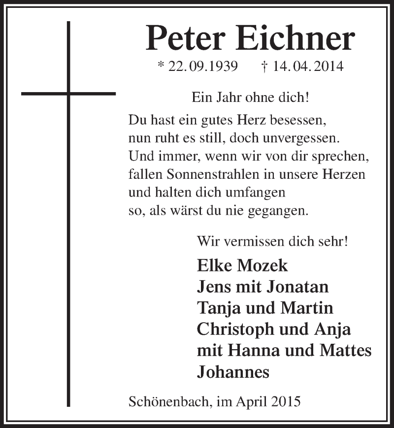  Traueranzeige für Peter Eichner vom 15.04.2015 aus  Lokalanzeiger 