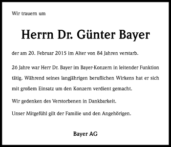 Anzeige von Günter Bayer von Kölner Stadt-Anzeiger / Kölnische Rundschau / Express