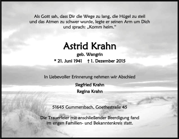 Anzeige von Astrid Krahn von Kölner Stadt-Anzeiger / Kölnische Rundschau / Express
