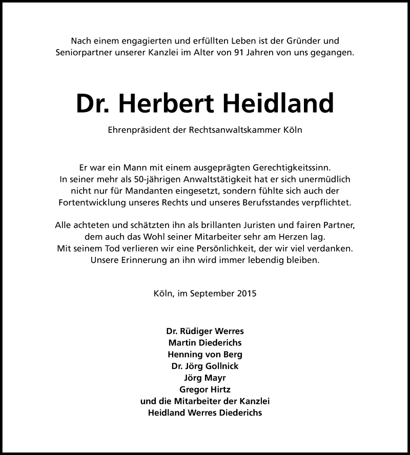  Traueranzeige für Herbert Heidland vom 17.09.2015 aus Kölner Stadt-Anzeiger / Kölnische Rundschau / Express