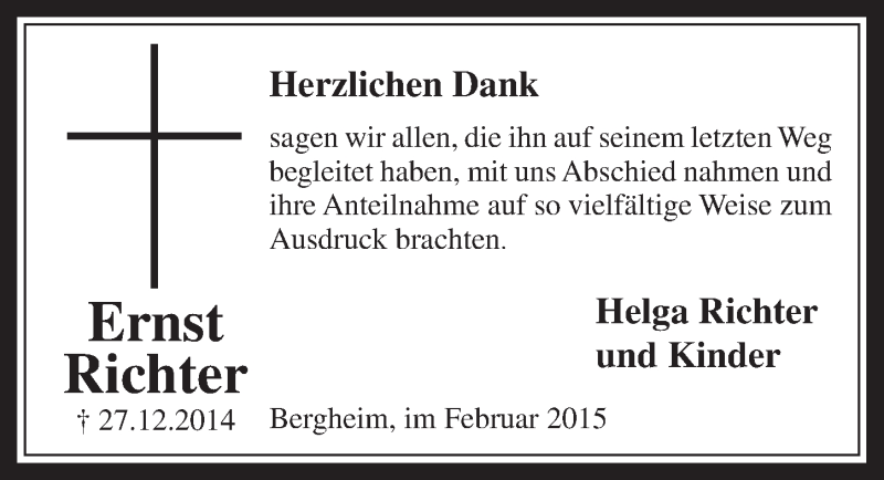  Traueranzeige für Ernst Richter vom 04.02.2015 aus  Werbepost 