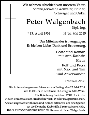 Anzeige von Peter Walgenbach von Kölner Stadt-Anzeiger / Kölnische Rundschau / Express