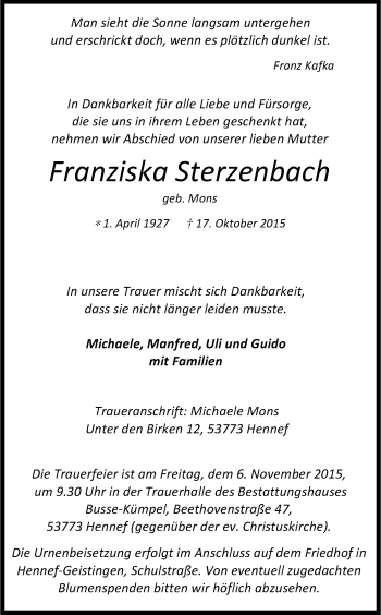 Anzeige von Franziska Sterzenbach von Kölner Stadt-Anzeiger / Kölnische Rundschau / Express