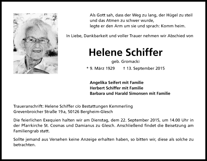  Traueranzeige für Helene Schiffer vom 18.09.2015 aus Kölner Stadt-Anzeiger / Kölnische Rundschau / Express