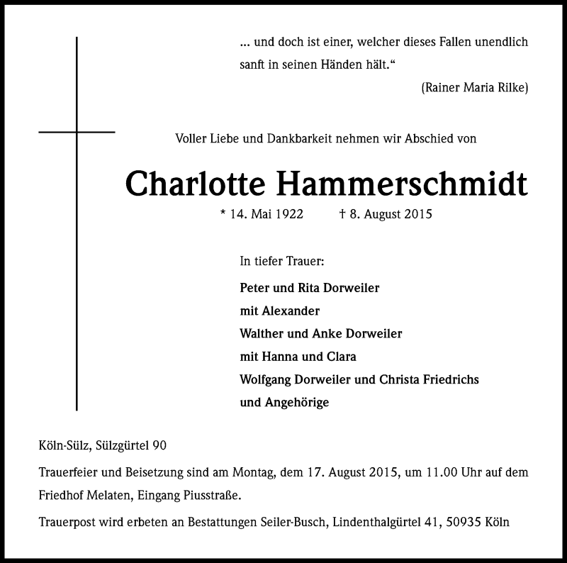  Traueranzeige für Charlotte Hammerschmidt vom 12.08.2015 aus Kölner Stadt-Anzeiger / Kölnische Rundschau / Express