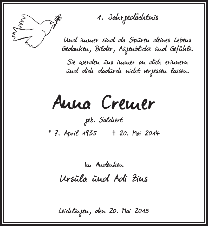  Traueranzeige für Autta Cremer vom 20.05.2015 aus  Kölner Wochenspiegel 