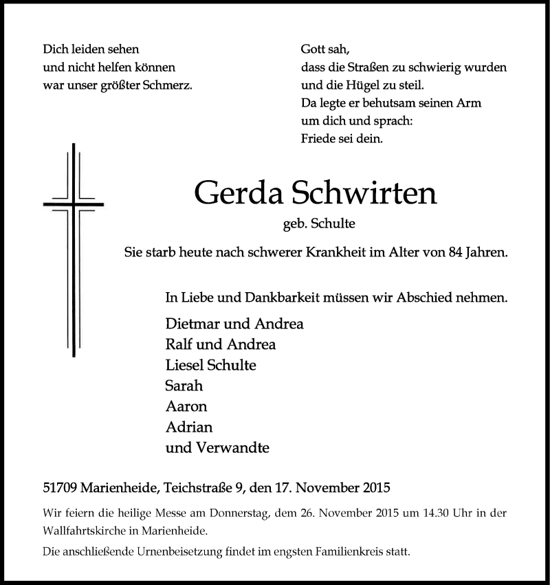  Traueranzeige für Gerda Schwirten vom 23.11.2015 aus Kölner Stadt-Anzeiger / Kölnische Rundschau / Express