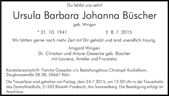 Anzeige von Ursula Barbara Johanna Büscher von Kölner Stadt-Anzeiger / Kölnische Rundschau / Express