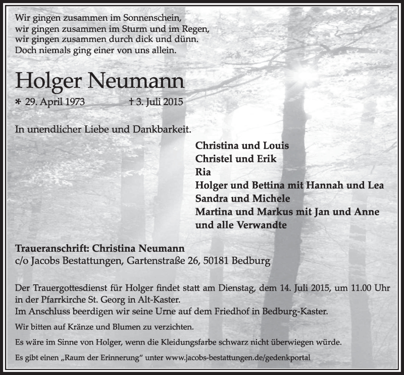  Traueranzeige für Holger Neumann vom 11.07.2015 aus  Sonntags-Post 
