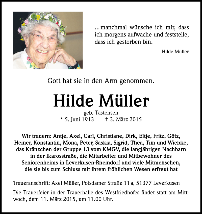  Traueranzeige für Hilde Müller vom 07.03.2015 aus Kölner Stadt-Anzeiger / Kölnische Rundschau / Express